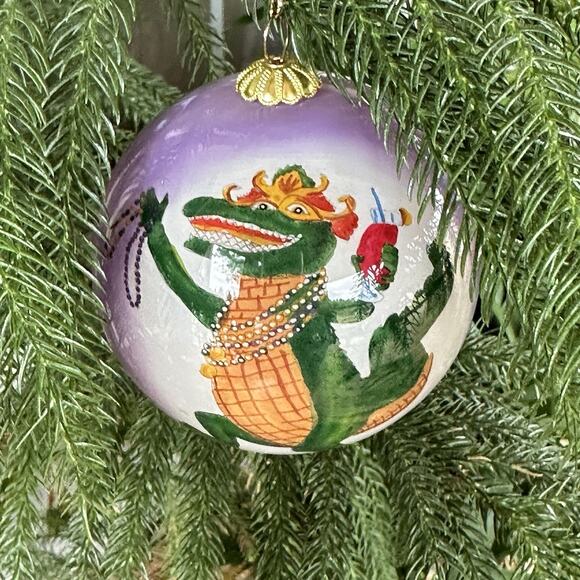 The Beach Combers Mardi Gras Gator & Crawfish Glass Painted Christmas Ornament - Picture 11 of 16